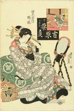  Relaxing Art - portrait of the courtesan kamoen of ebiya relaxing on folded futon 1825 Keisai Eisen Ukiyoye